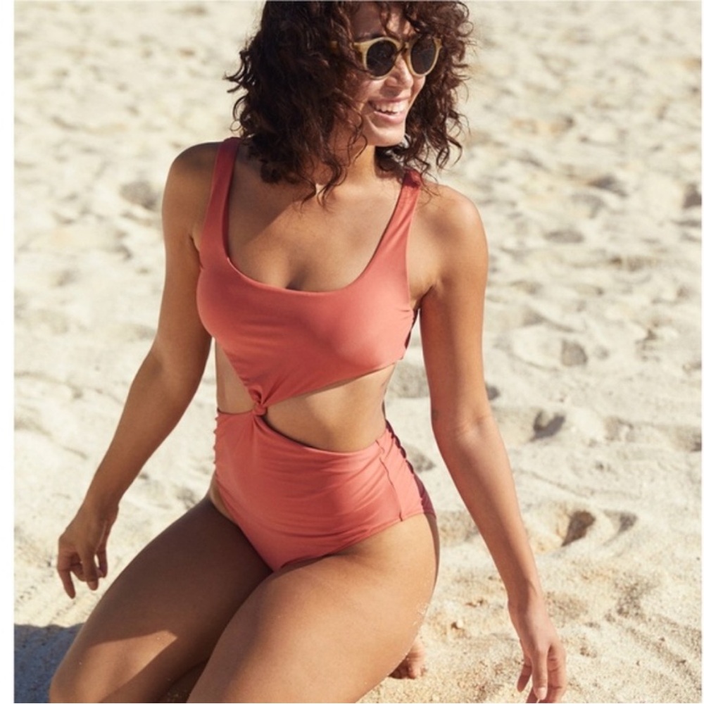 AERIE One-Piece Cut Out Knot Front Back Tie High Waist Swimsuit Size Small